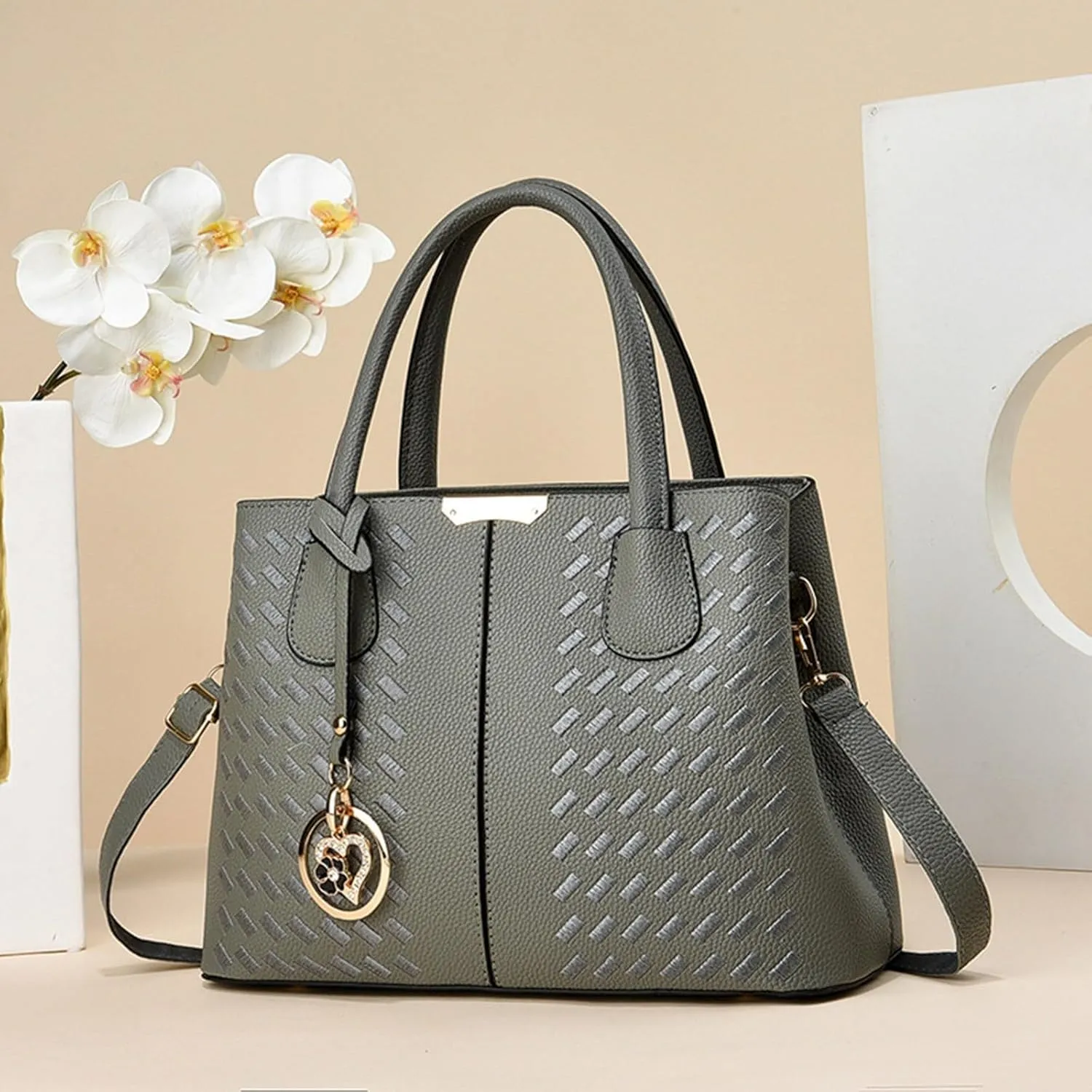 New Fashionable Casual Handbag Soft Leather Embroidery Bag Women Computer Bags for (Grey, One Size)
