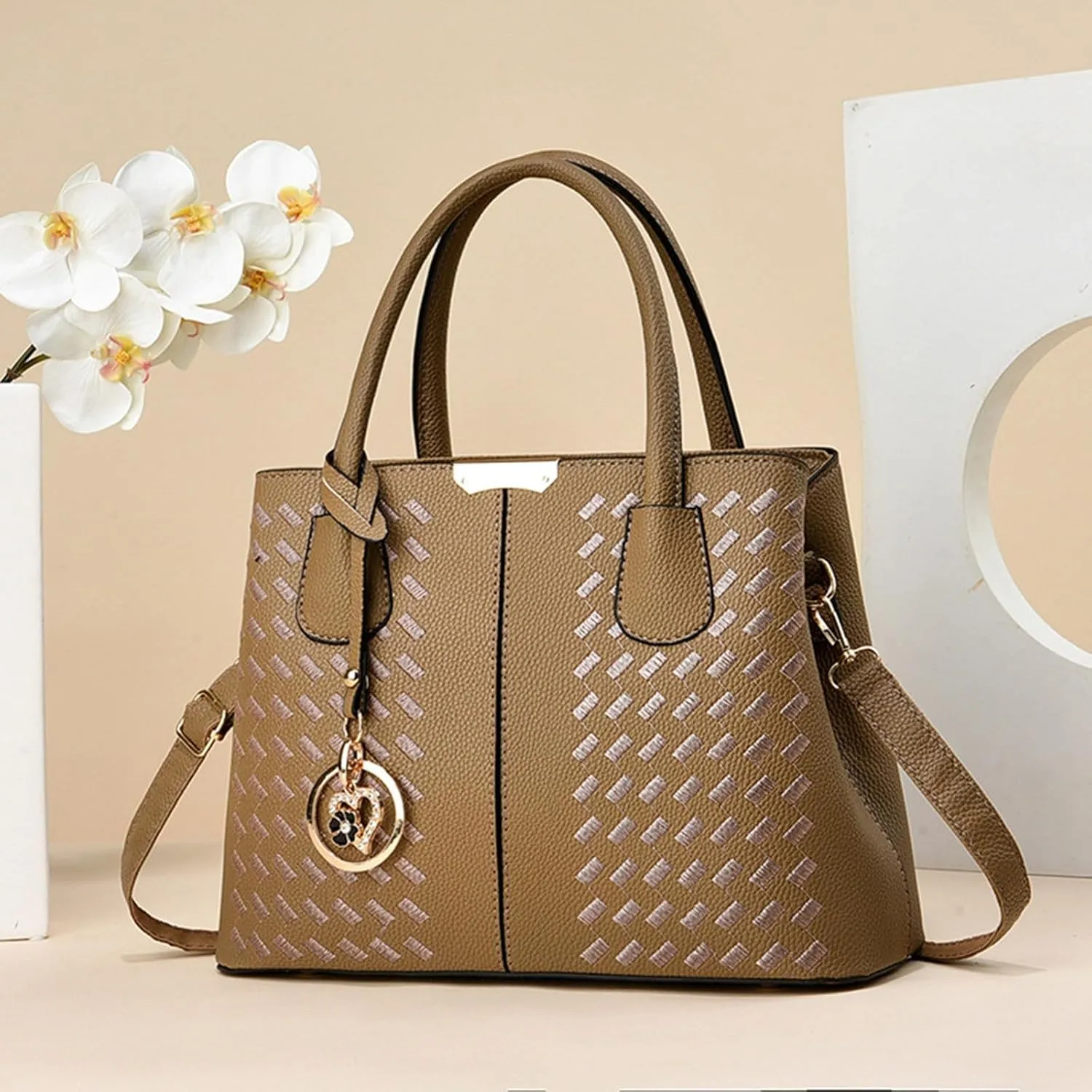New Fashionable Casual Handbag Soft Leather Embroidery Bag Women Computer Bags for (Khaki, One Size)