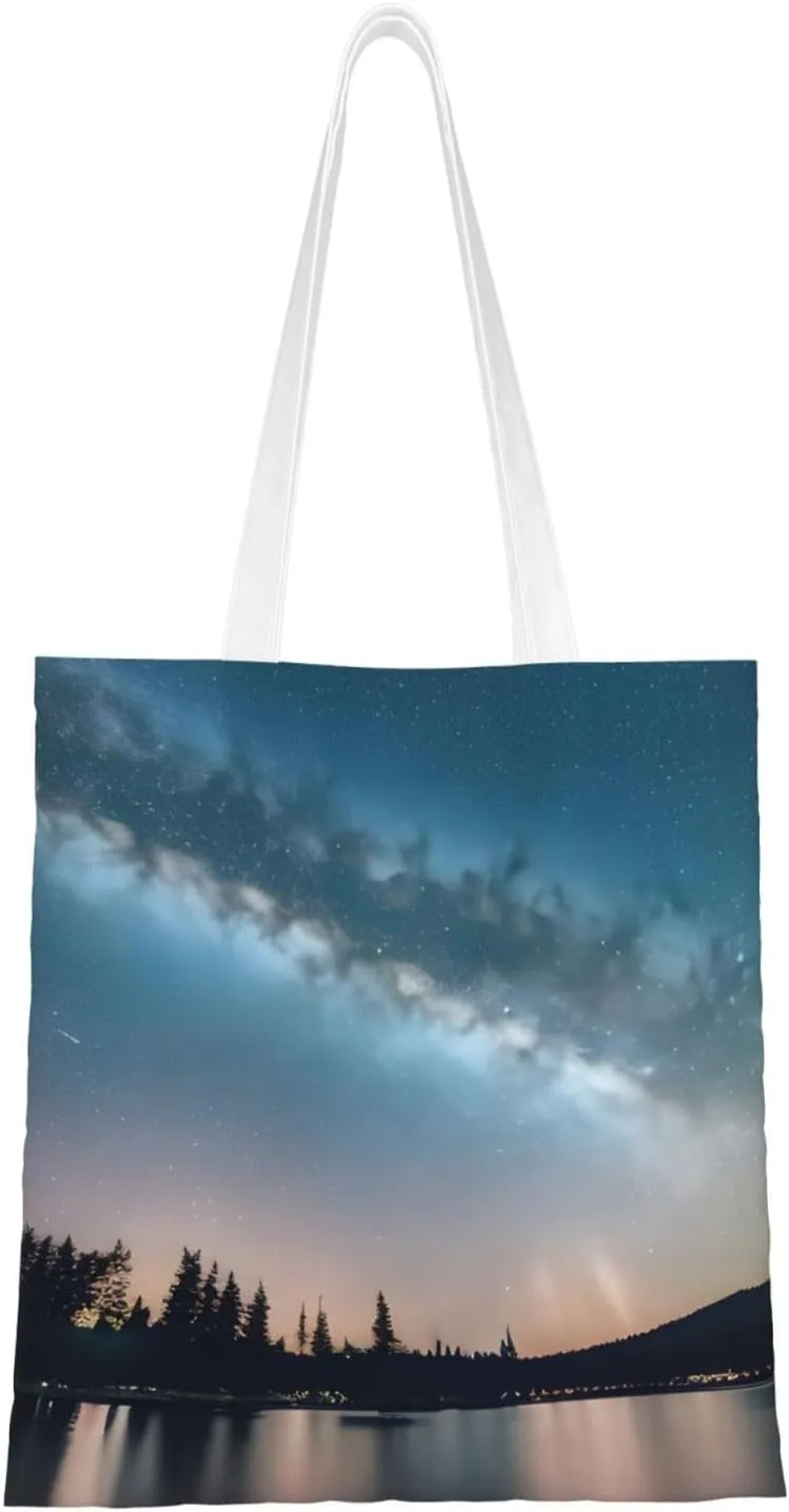 Night Sky And Trees Print Canvas Tote Bag Reusable Shoulder Shopping Bags For Daily Use Shopping Travel