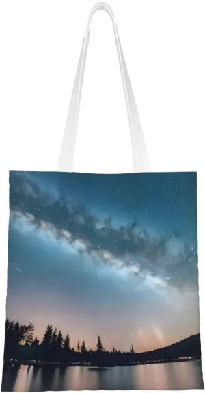 Night Sky And Trees Print Canvas Tote Bag Reusable Shoulder Shopping Bags For Daily Use Shopping Travel
