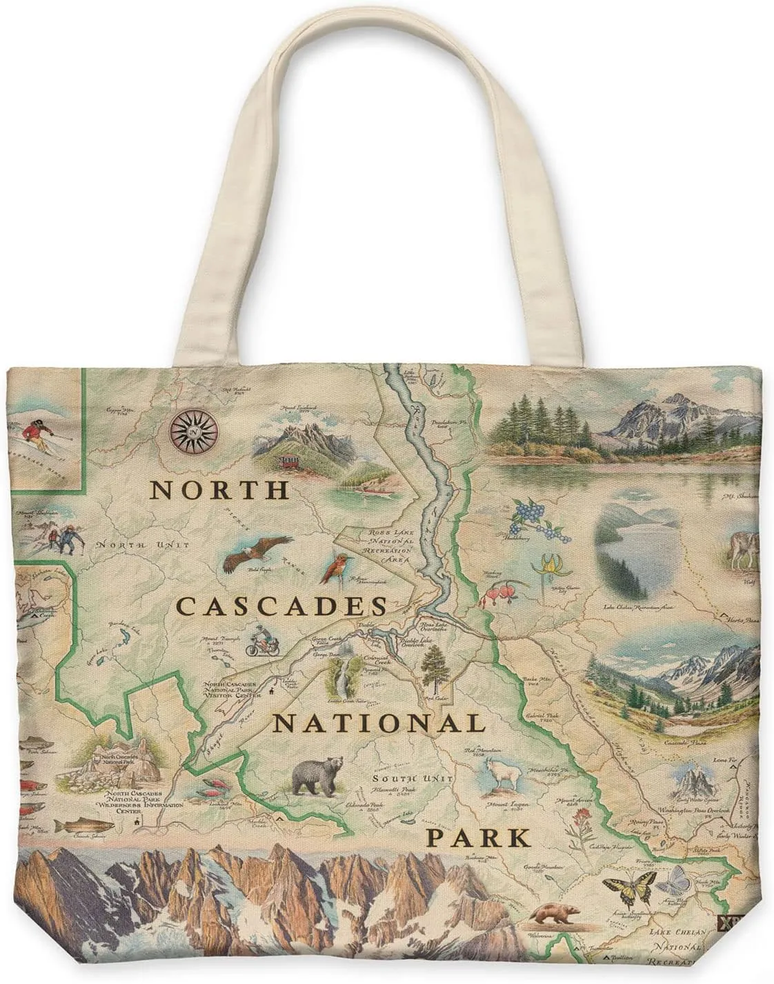 North Cascades National Park Map Canvas Tote Bag with Handles, Cloth Grocery Shopping Bag, Reusable & Eco-friendly Bag, 100% Cotton, Washable, 18 wide x 15 tall