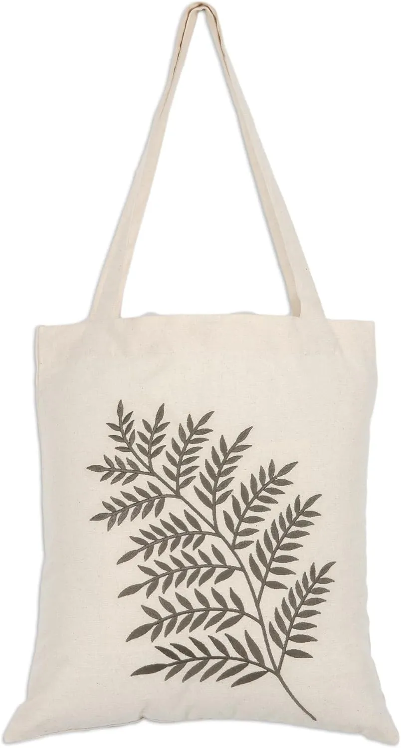 NOVICA Artisan Hand Embroidered Cotton Shoulder Bag Sage Fern Pattern from India Handbags Ivory Green Shopping Tote Leaf Tree Embellished ' Ferny Frond in Sage'