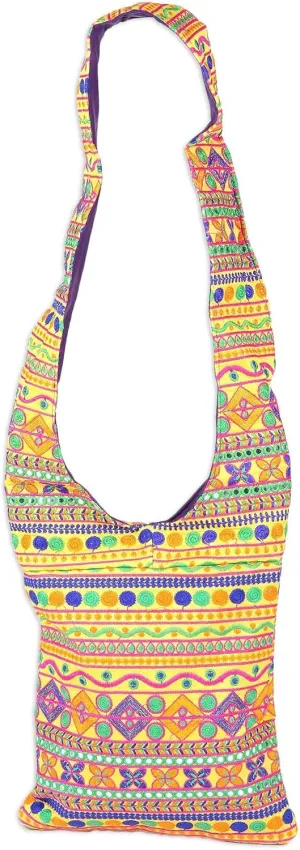 NOVICA Artisan Hand Embroidered Sling Bag Yellow Floral Fantasy with Sequins Handbags Multicolor Slings India Geometric Embellished ' Yellow Floral Fantasy'