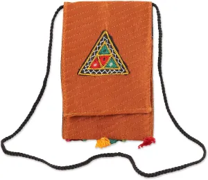 NOVICA Artisan Hand Embroidered Sling Ginger with Geometric Motifs from India Cotton Wood Bead Handbags Orange Multicolor Slings Shoulder Patterned Embellished Ginger Triangle