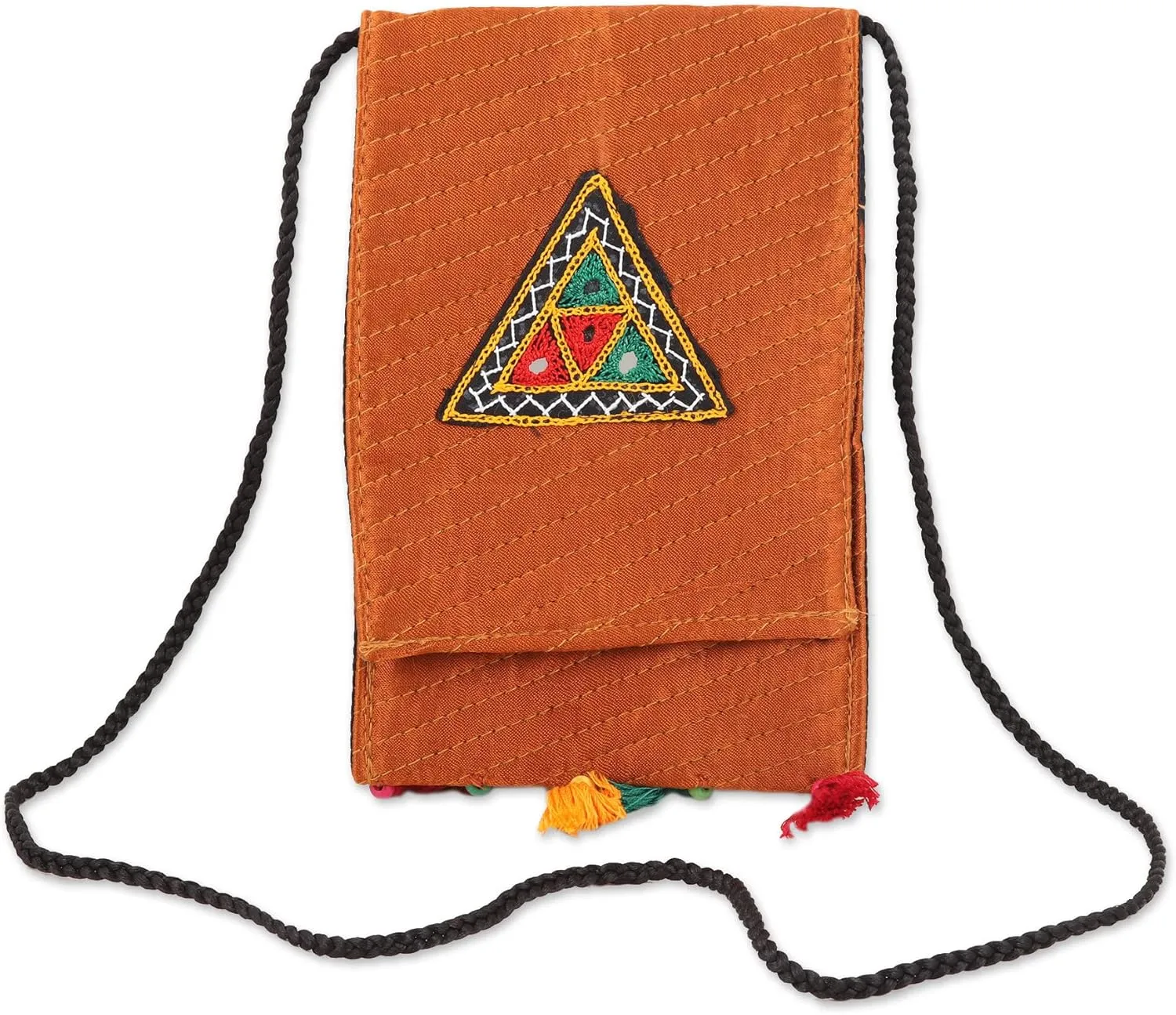 NOVICA Artisan Hand Embroidered Sling Ginger with Geometric Motifs from India Cotton Wood Bead Handbags Orange Multicolor Slings Shoulder Patterned Embellished Ginger Triangle
