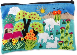 NOVICA Artisan Handmade Cotton Blend Cosmetic Case Patchwork Fair Trade with Peruvian Landscape Handbags Multicolor Embellished Folk Art ' Blue Alpaca Afternoon'