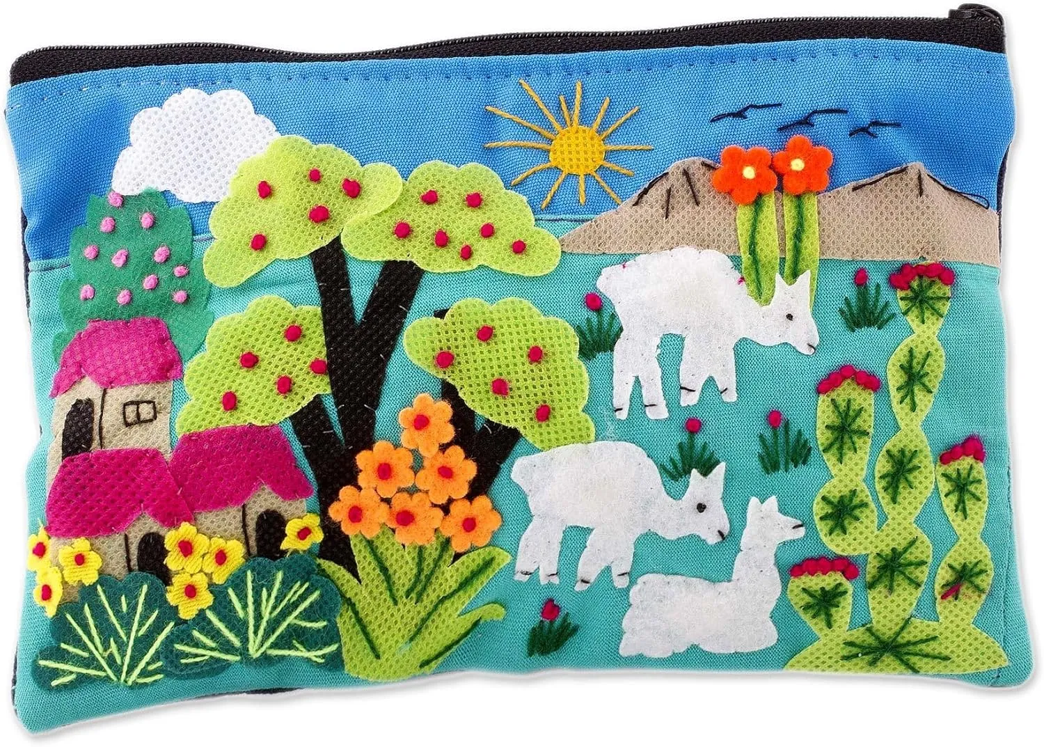 NOVICA Artisan Handmade Cotton Blend Cosmetic Case Patchwork Fair Trade with Peruvian Landscape Handbags Multicolor Embellished Folk Art ' Blue Alpaca Afternoon'