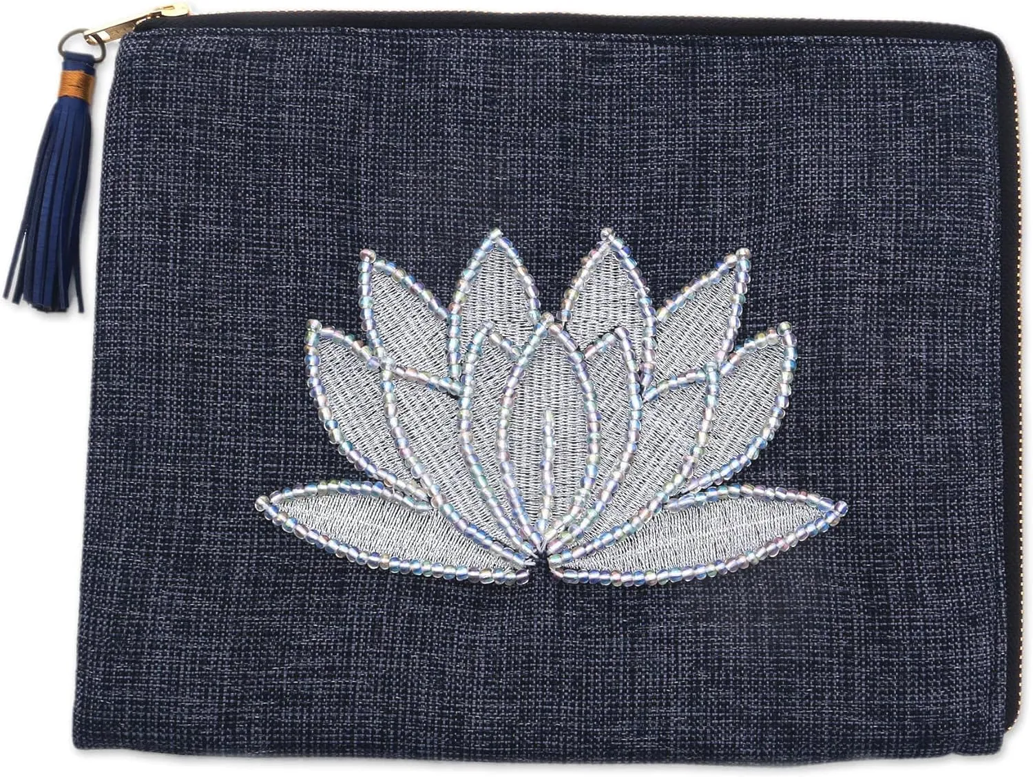 NOVICA Artisan Handmade Leatheraccented Glass Beaded Jute Coin Purse Floral Embellished Midnight from Java Natural Fiber Handbags Blue Silver Tone Purses Clutches Embroidered Indonesia ' God' S Grace