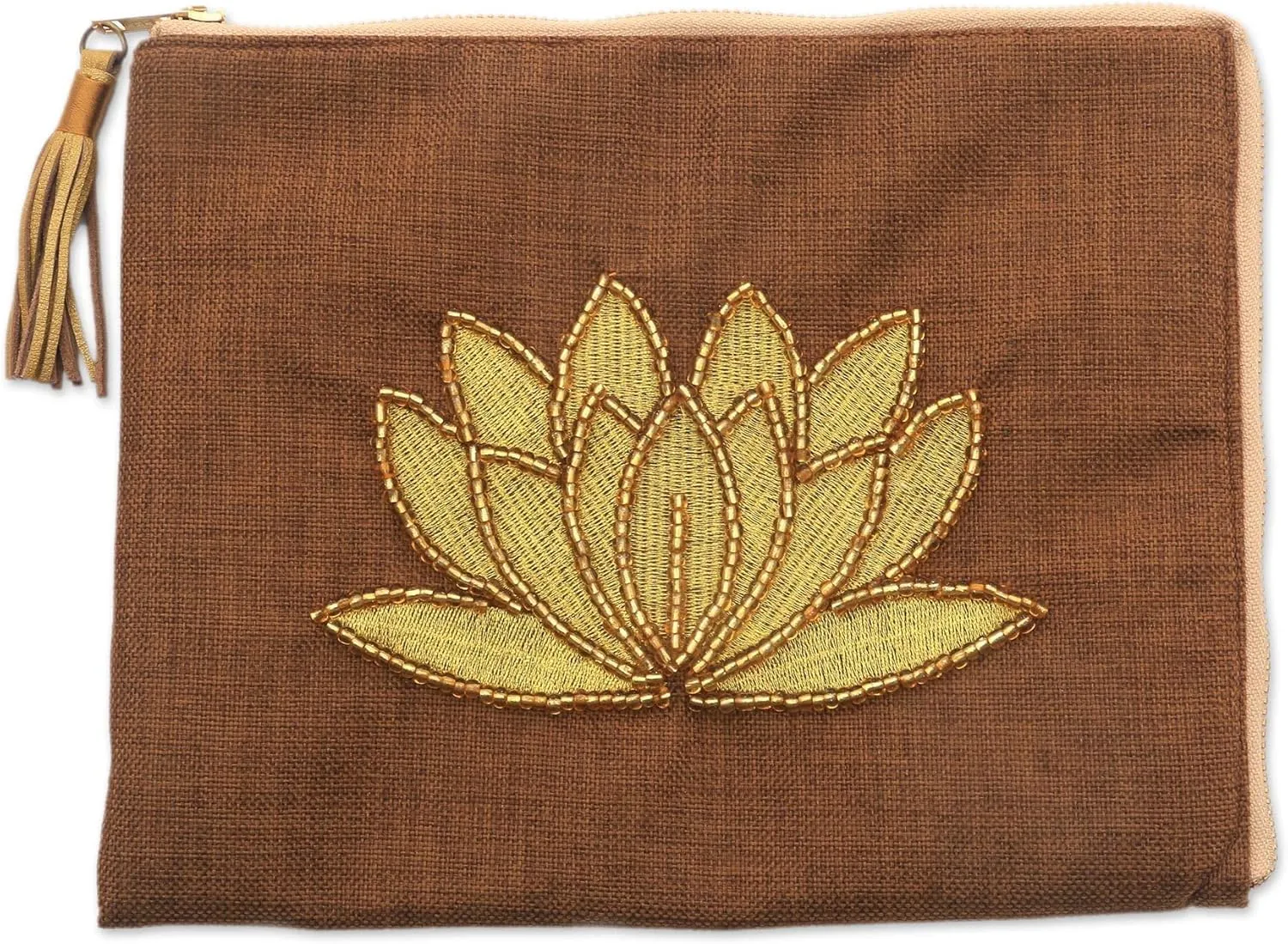 NOVICA Artisan Handmade Leatheraccented Glass Beaded Jute Coin Purse Floral Embellished Tan from Java Natural Fiber Handbags Gold Tone Brown Purses Embroidered Indonesia ' God' S Grace in Tan'