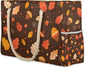 Nut Maple Leaf Large Beach Tote Bag Women Waterproof Sandproof Zipper Beach Bag for Pool Gym Grocery Travel with Wet Pocket