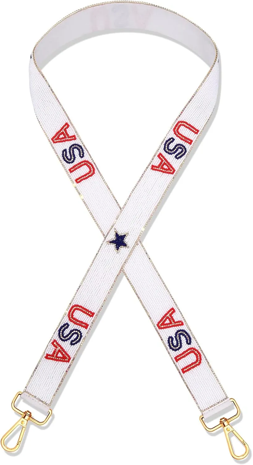 NVENF Beaded 4th of July Purse Strap USA Purse Strap Replacement Red White and Blue Patriotic Crossbody Shoulder Bag Straps 4th of July Outfits (Style A)