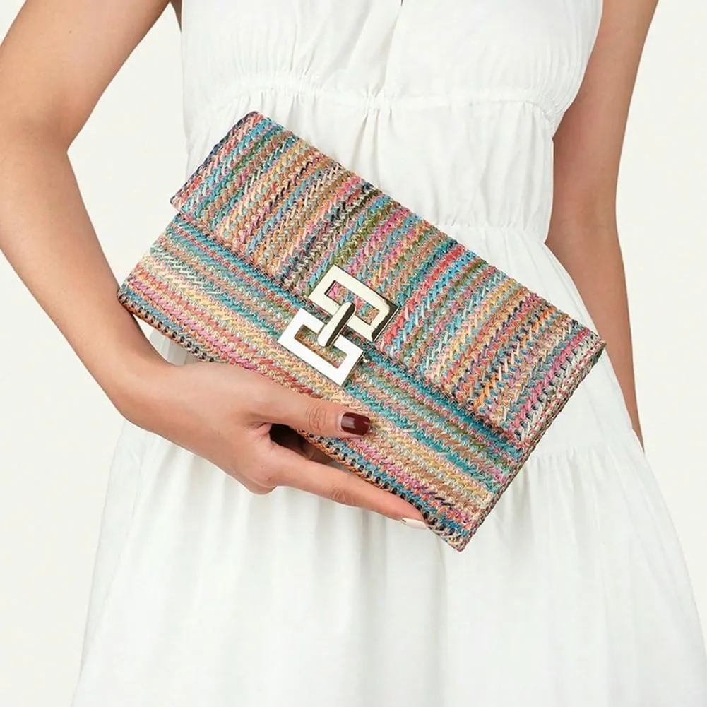 Obosoyo Summer Straw Clutch Purses for Women Boho Woven Beach Bag Envelope Wallet Flap Handbags Cell Phone Evening Purse