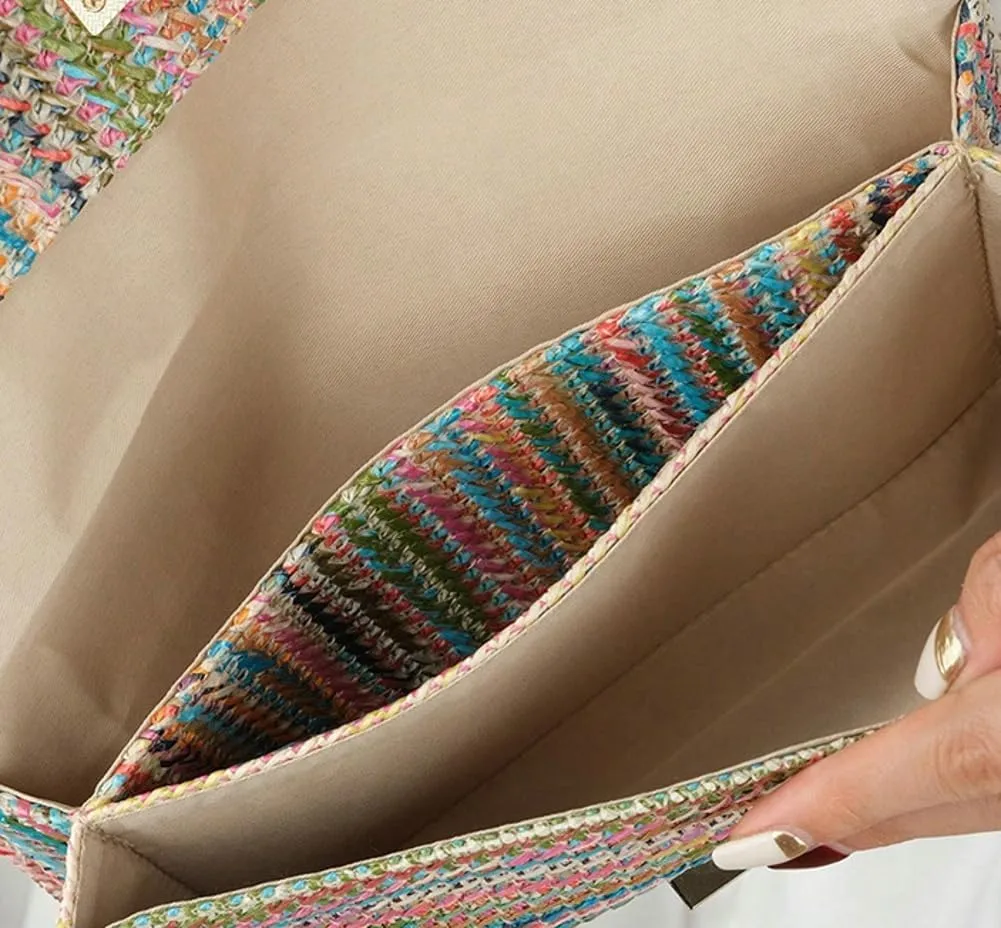 Obosoyo Summer Straw Clutch Purses for Women Boho Woven Beach Bag Envelope Wallet Flap Handbags Cell Phone Evening Purse