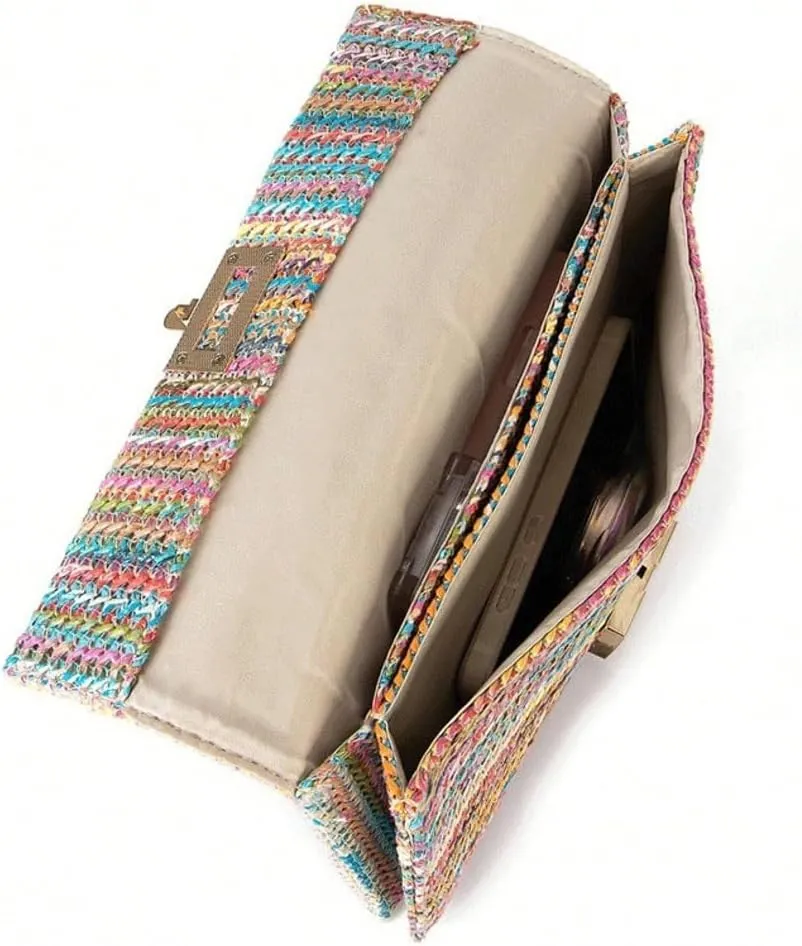 Obosoyo Summer Straw Clutch Purses for Women Boho Woven Beach Bag Envelope Wallet Flap Handbags Cell Phone Evening Purse