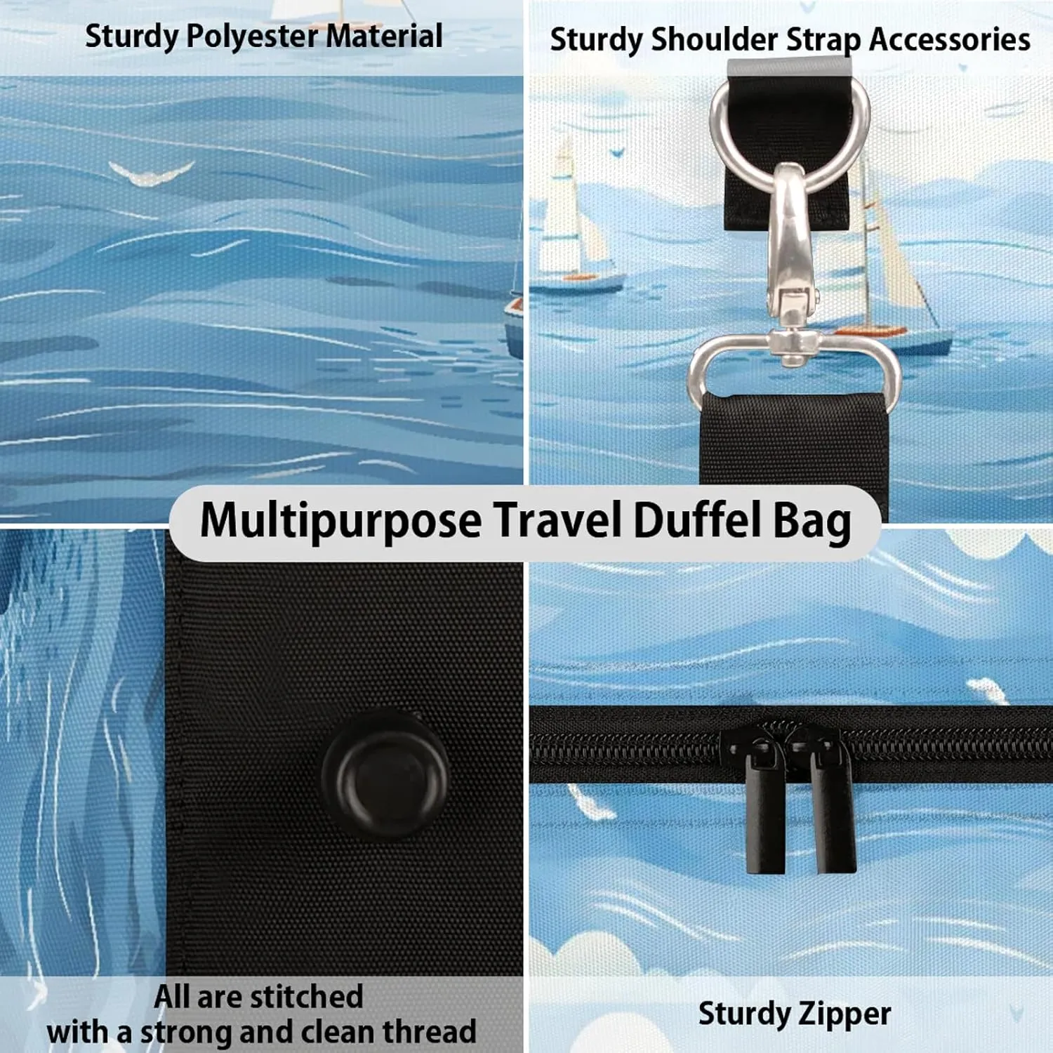 Ocean Sailboat Travel Duffle Bag, Sports Gym Bags for Women Men, Carry On Weekender Overnight Workout Airplane Trips Bag