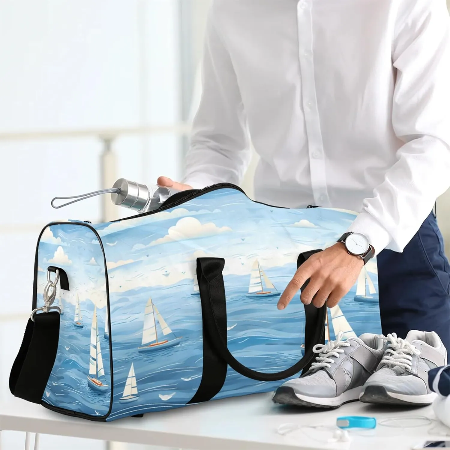 Ocean Sailboat Travel Duffle Bag, Sports Gym Bags for Women Men, Carry On Weekender Overnight Workout Airplane Trips Bag