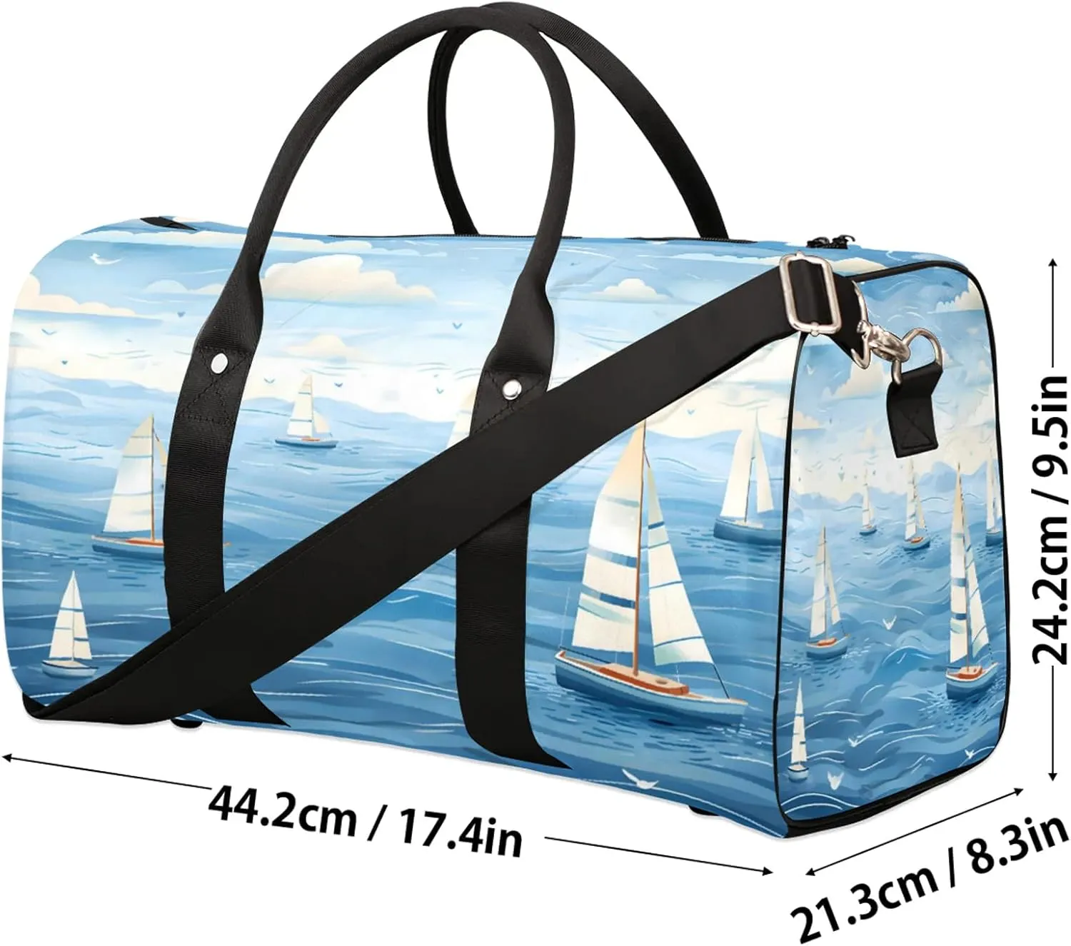 Ocean Sailboat Travel Duffle Bag, Sports Gym Bags for Women Men, Carry On Weekender Overnight Workout Airplane Trips Bag