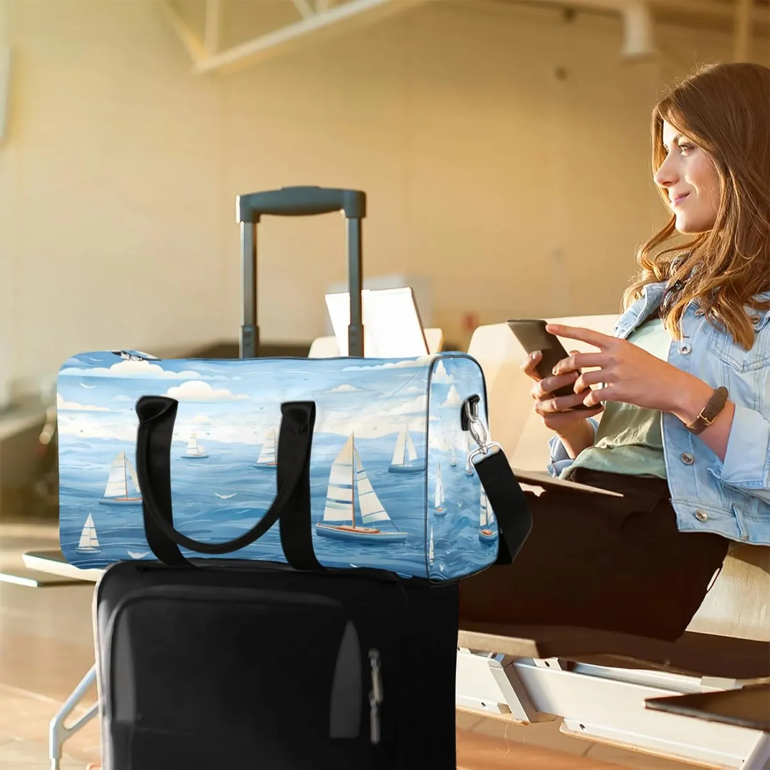Ocean Sailboat Travel Duffle Bag, Sports Gym Bags for Women Men, Carry On Weekender Overnight Workout Airplane Trips Bag