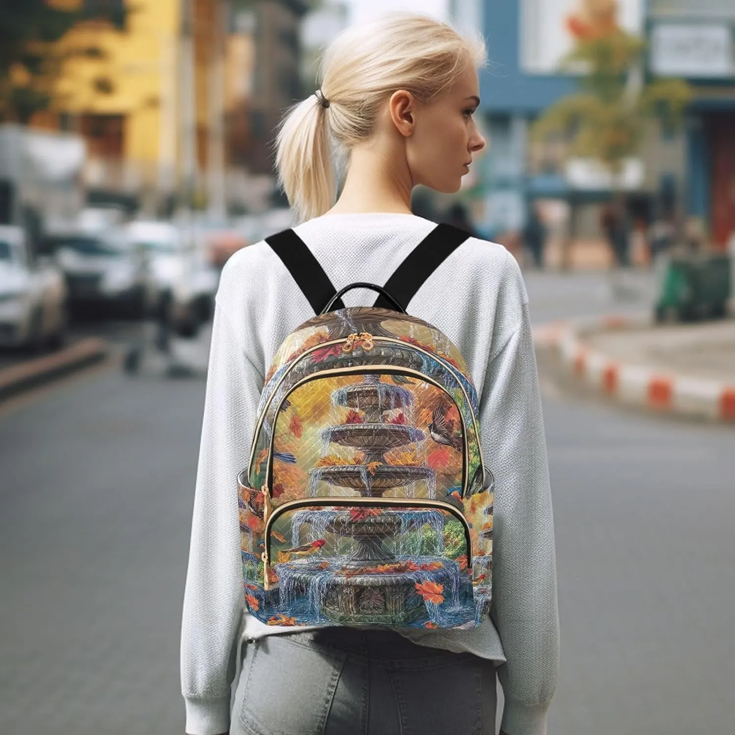 ODAWA Fall Season Water Fountain Daypack Travel Backpack Quilted Backpack Purse for Women