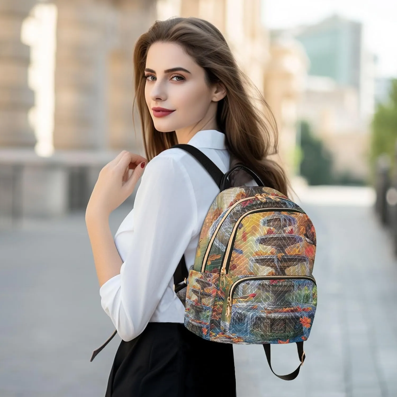 ODAWA Fall Season Water Fountain Daypack Travel Backpack Quilted Backpack Purse for Women