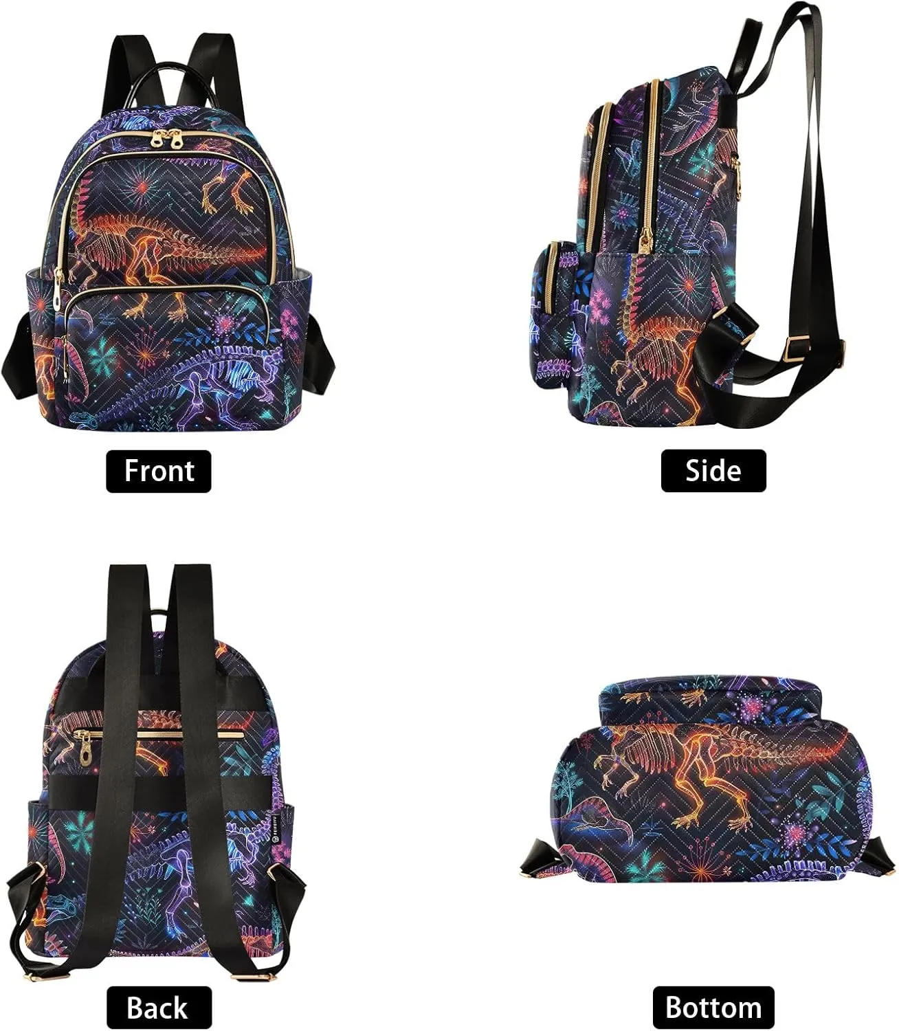 ODAWA Small Quilted Backpack for Women Colorful Dinosaurs on Dark Trendy Backpack Travel Backpack with Luggage Strap