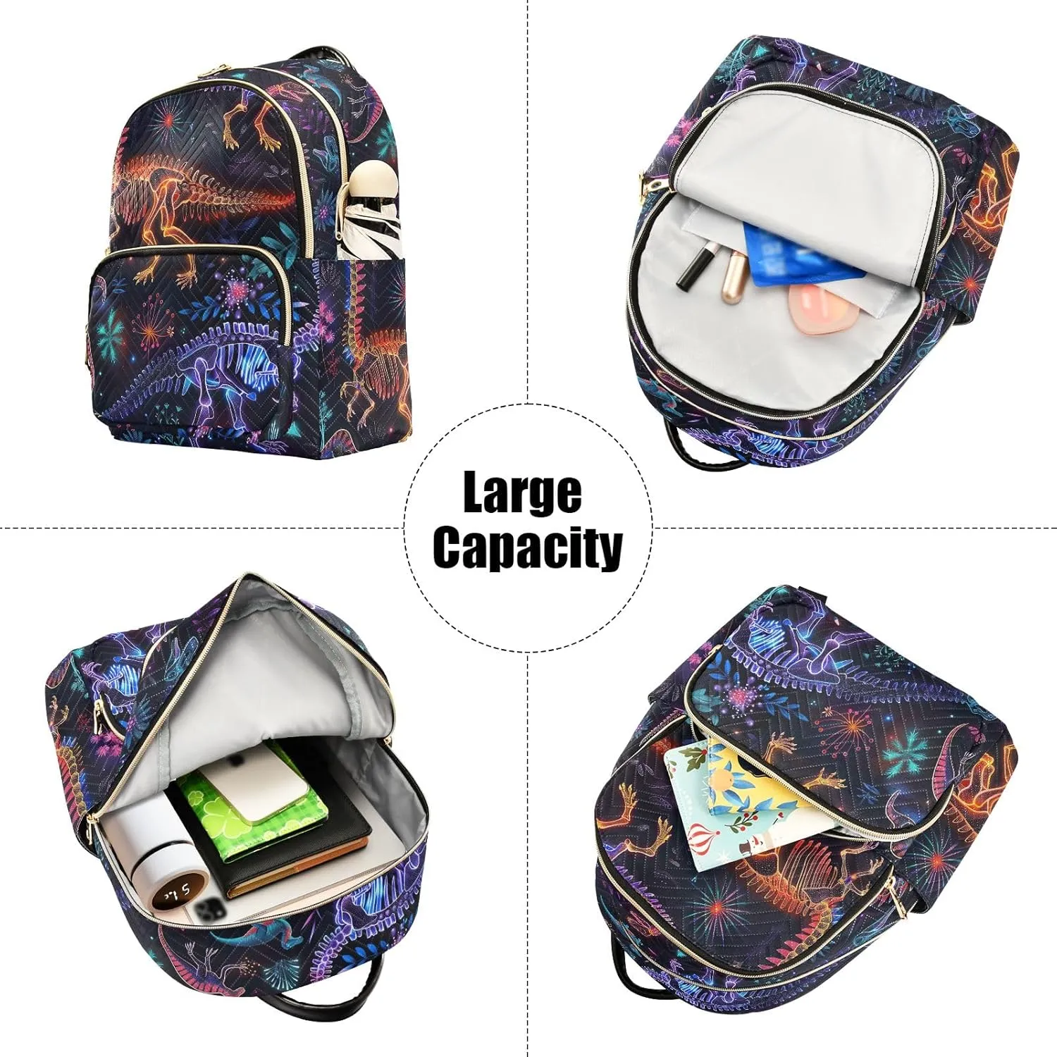 ODAWA Small Quilted Backpack for Women Colorful Dinosaurs on Dark Trendy Backpack Travel Backpack with Luggage Strap