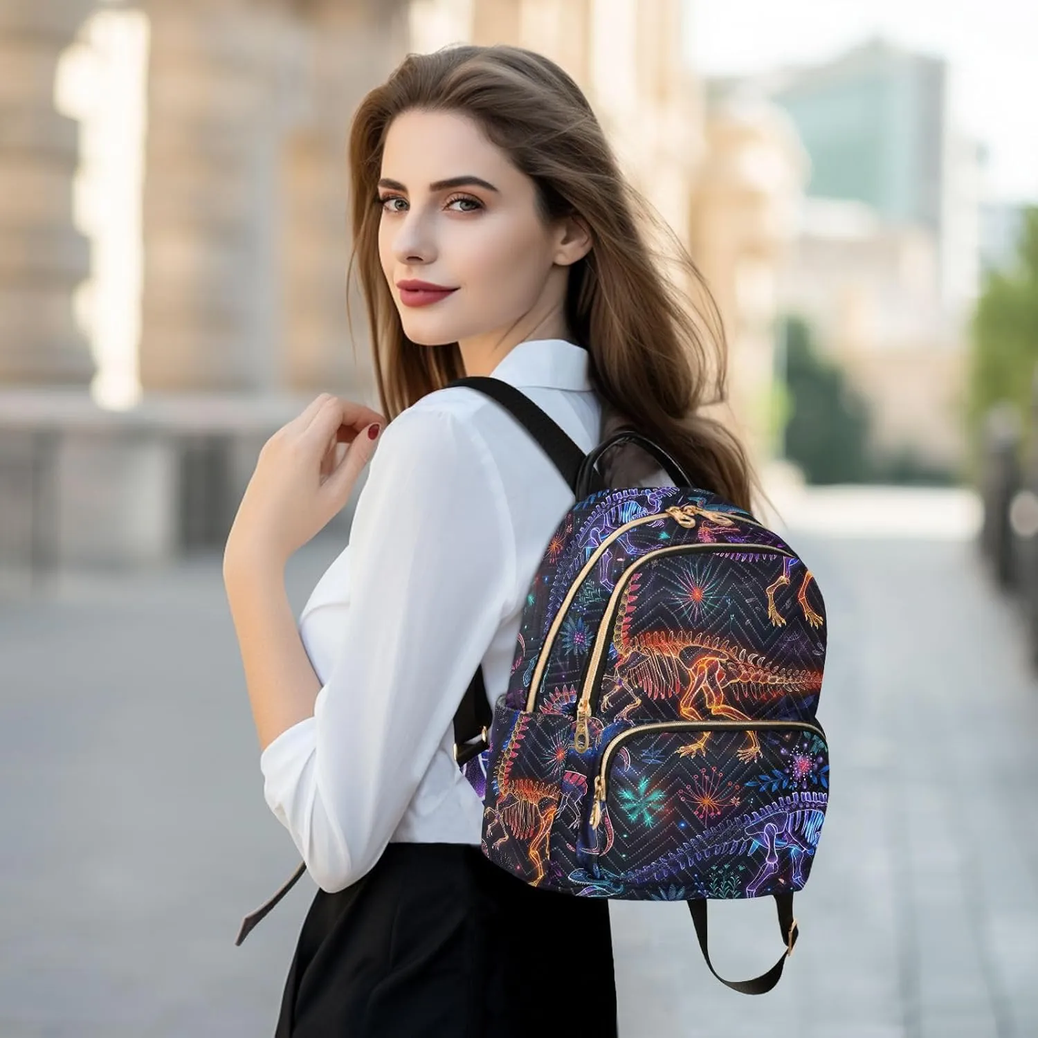ODAWA Small Quilted Backpack for Women Colorful Dinosaurs on Dark Trendy Backpack Travel Backpack with Luggage Strap