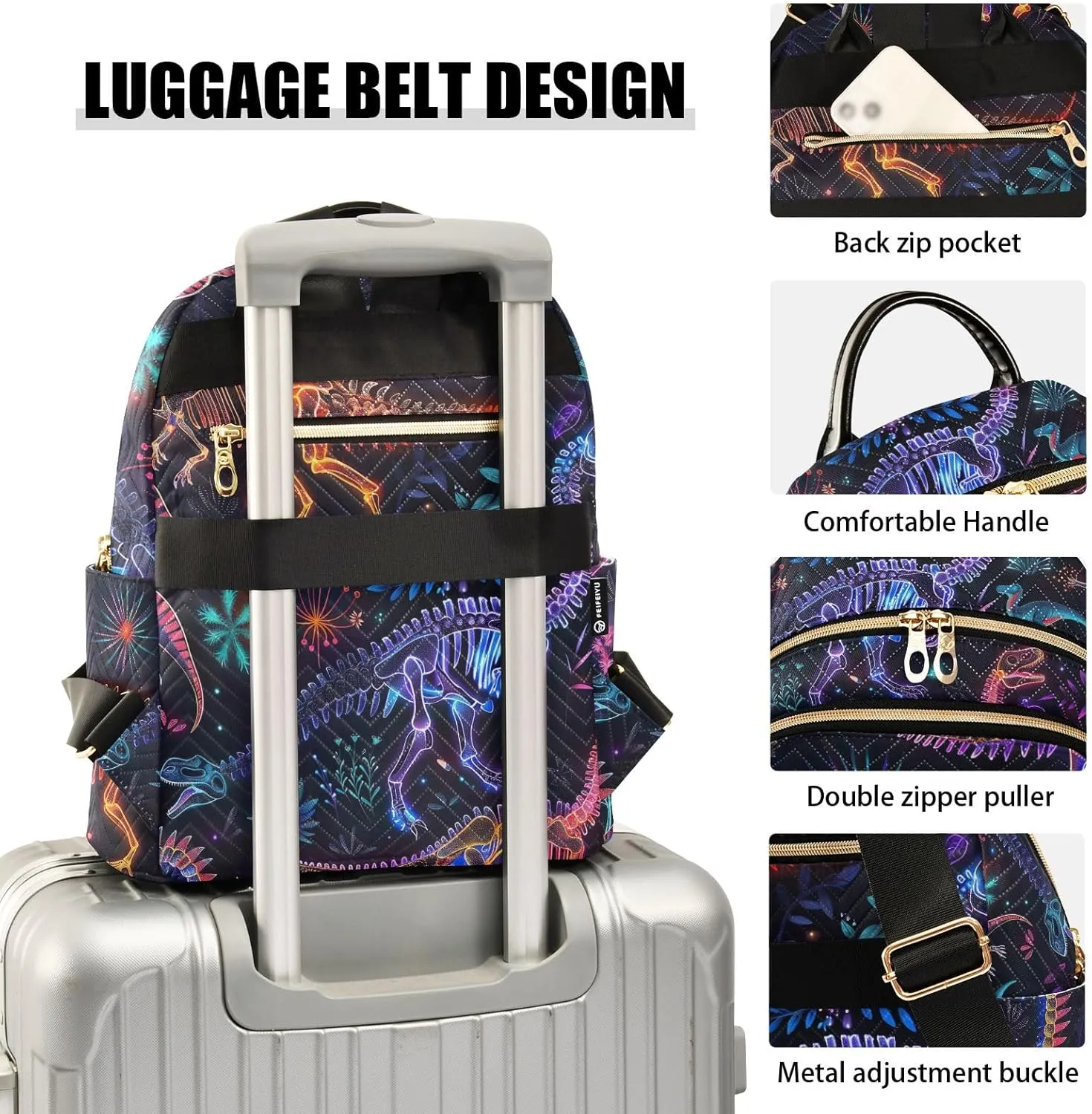 ODAWA Small Quilted Backpack for Women Colorful Dinosaurs on Dark Trendy Backpack Travel Backpack with Luggage Strap