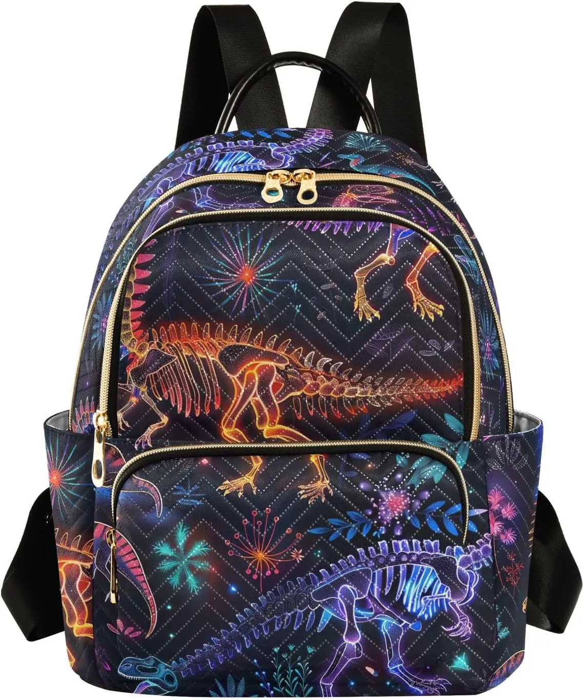 ODAWA Small Quilted Backpack for Women Colorful Dinosaurs on Dark Trendy Backpack Travel Backpack with Luggage Strap
