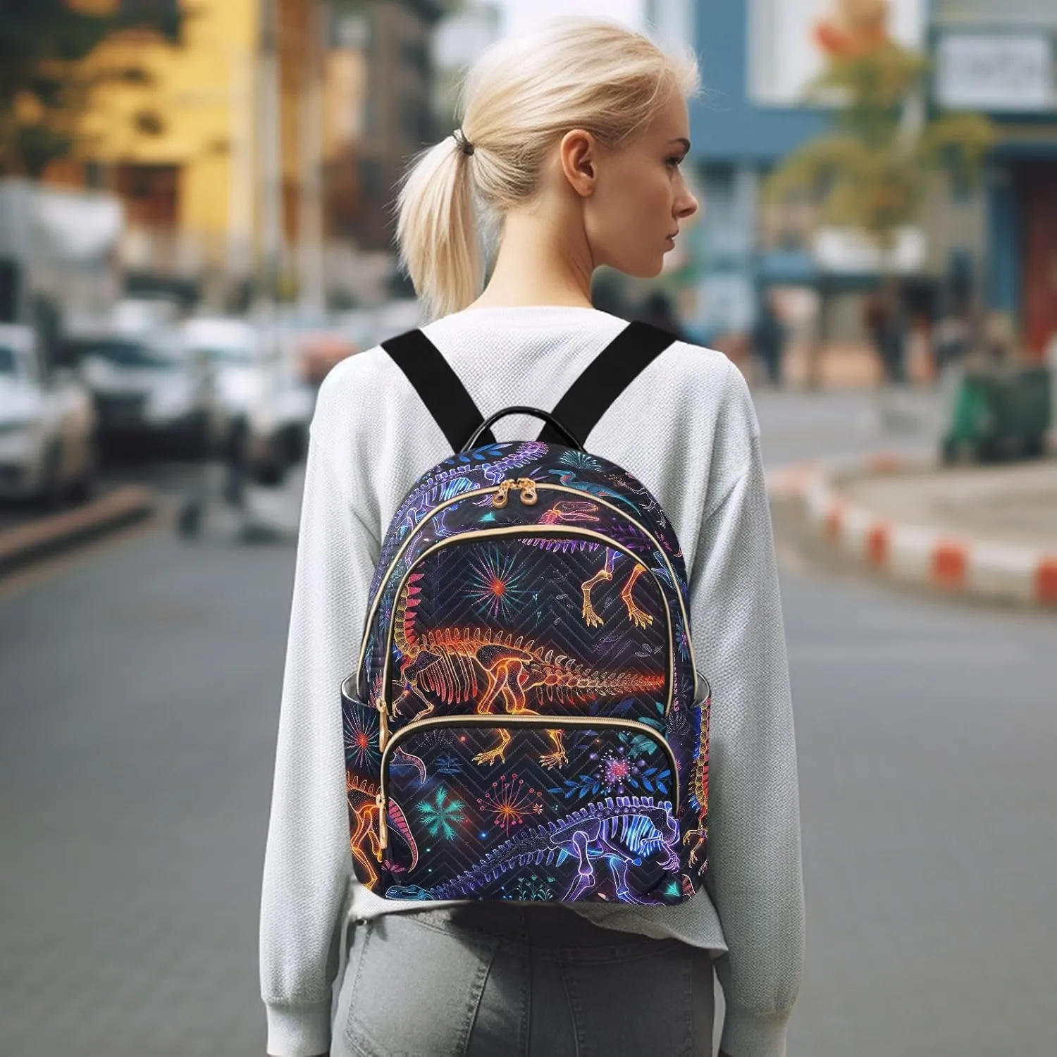 ODAWA Small Quilted Backpack for Women Colorful Dinosaurs on Dark Trendy Backpack Travel Backpack with Luggage Strap