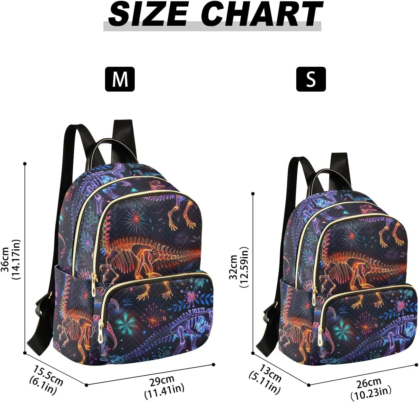 ODAWA Small Quilted Backpack for Women Colorful Dinosaurs on Dark Trendy Backpack Travel Backpack with Luggage Strap