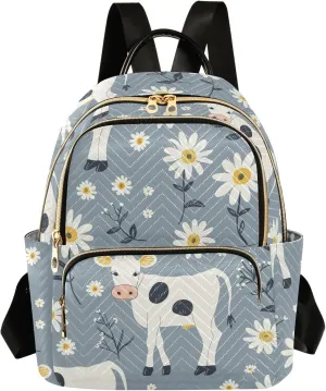 ODAWA Small Quilted Backpack for Women Cute Cow and Daisies Women's Mini Backpack Travel Backpack