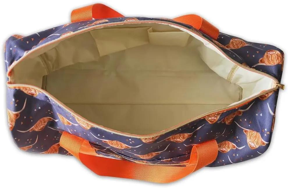 Orange highland cow print travel bags