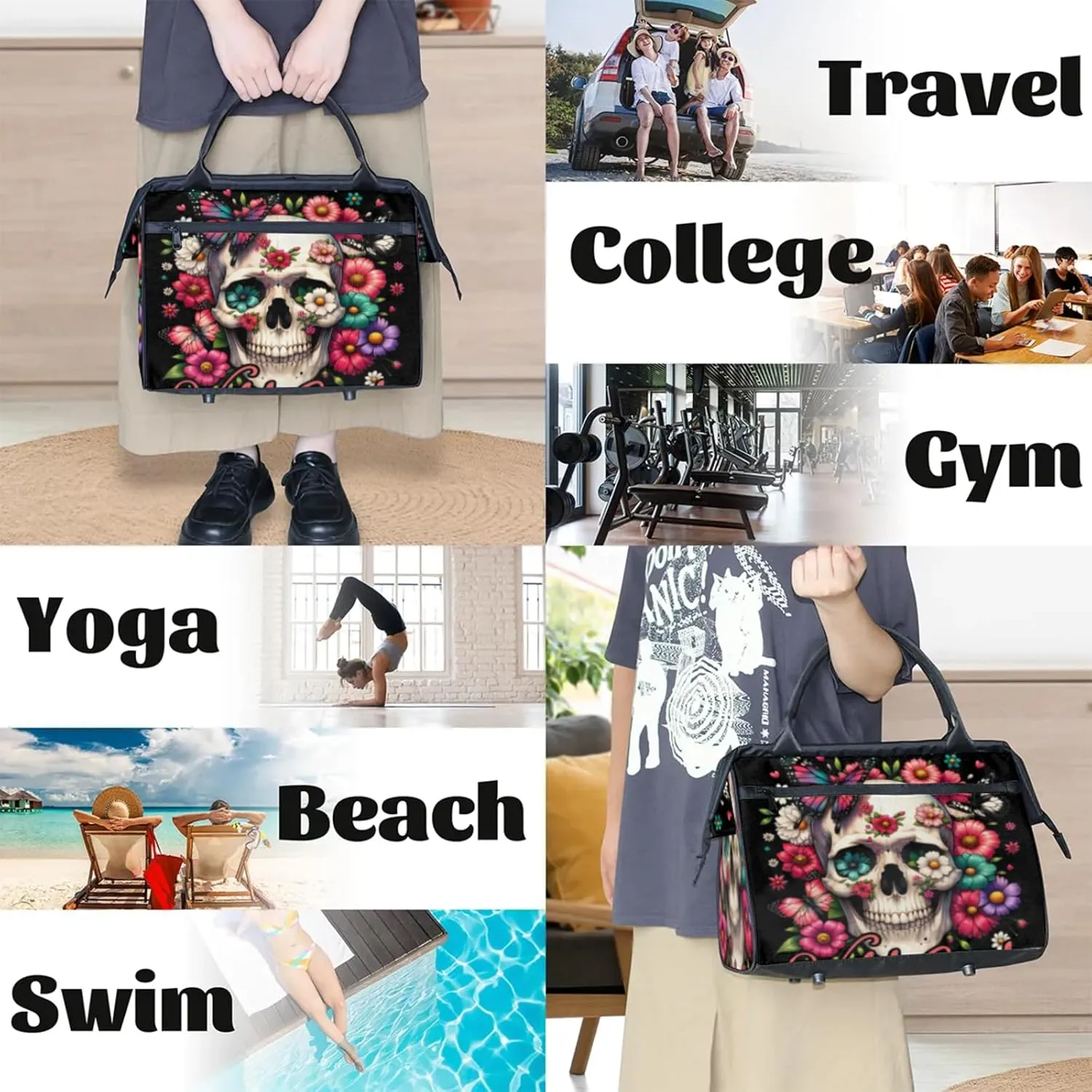 Overnight Weekender Bag for Women Men Halloween Gothic Skeleton Skull Waterproof Carry On Travel Duffel Bags with Zipper Lightweight Sports Gym Bag Luggage Workout Handle Bags for Traveling Camping