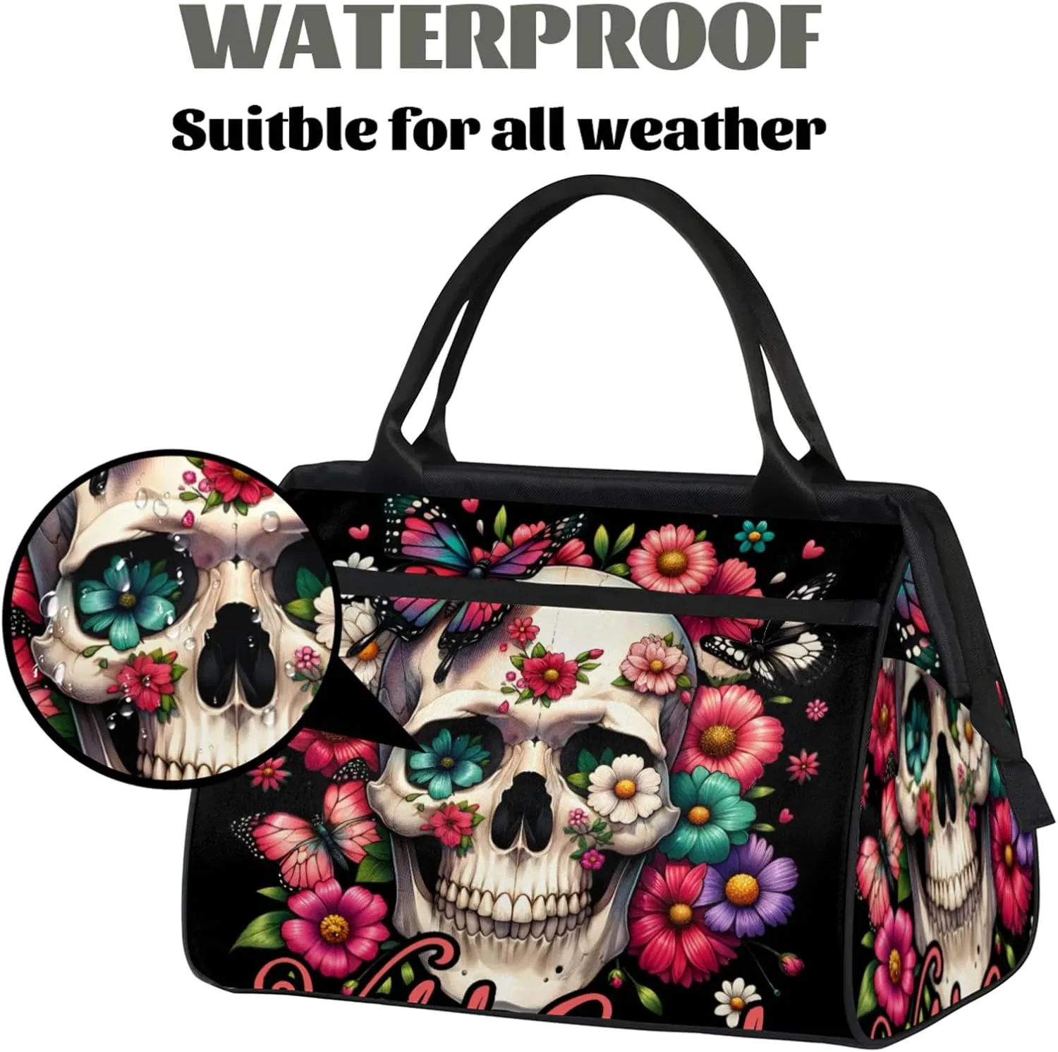 Overnight Weekender Bag for Women Men Halloween Gothic Skeleton Skull Waterproof Carry On Travel Duffel Bags with Zipper Lightweight Sports Gym Bag Luggage Workout Handle Bags for Traveling Camping