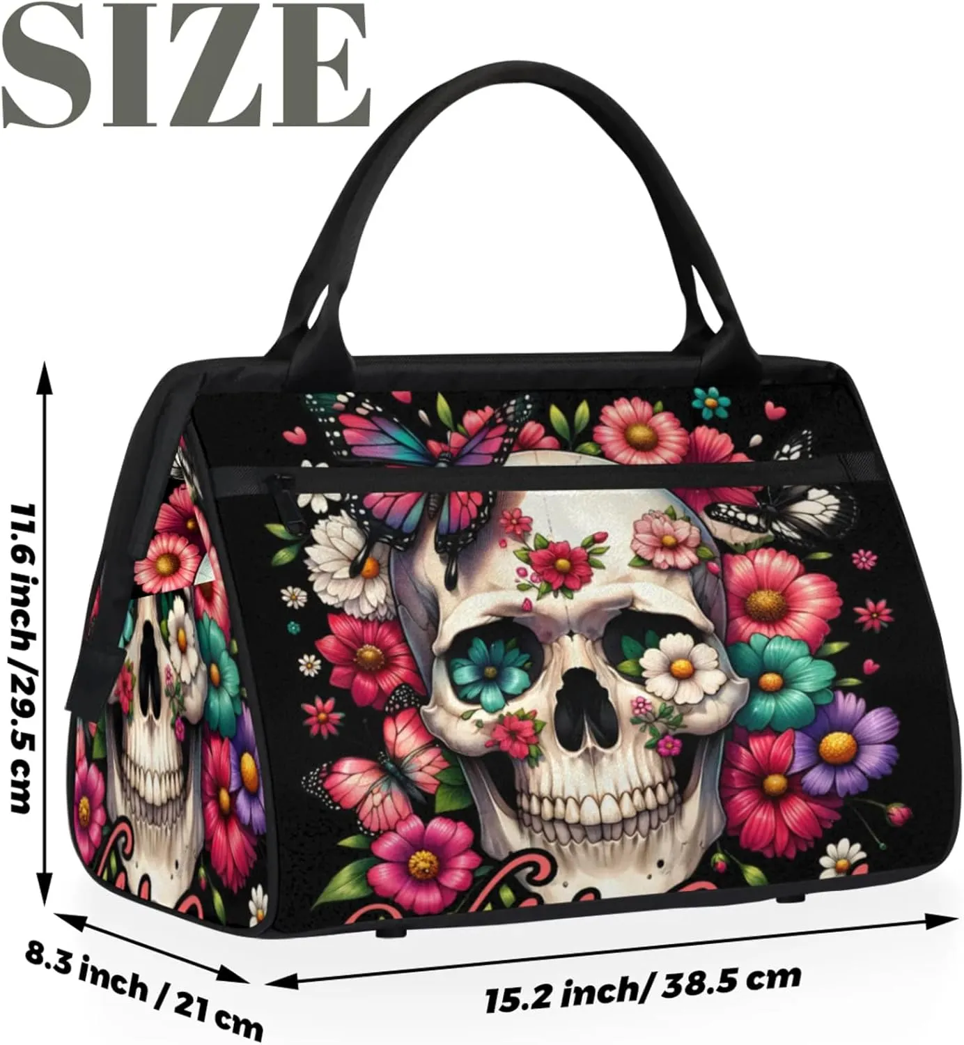 Overnight Weekender Bag for Women Men Halloween Gothic Skeleton Skull Waterproof Carry On Travel Duffel Bags with Zipper Lightweight Sports Gym Bag Luggage Workout Handle Bags for Traveling Camping