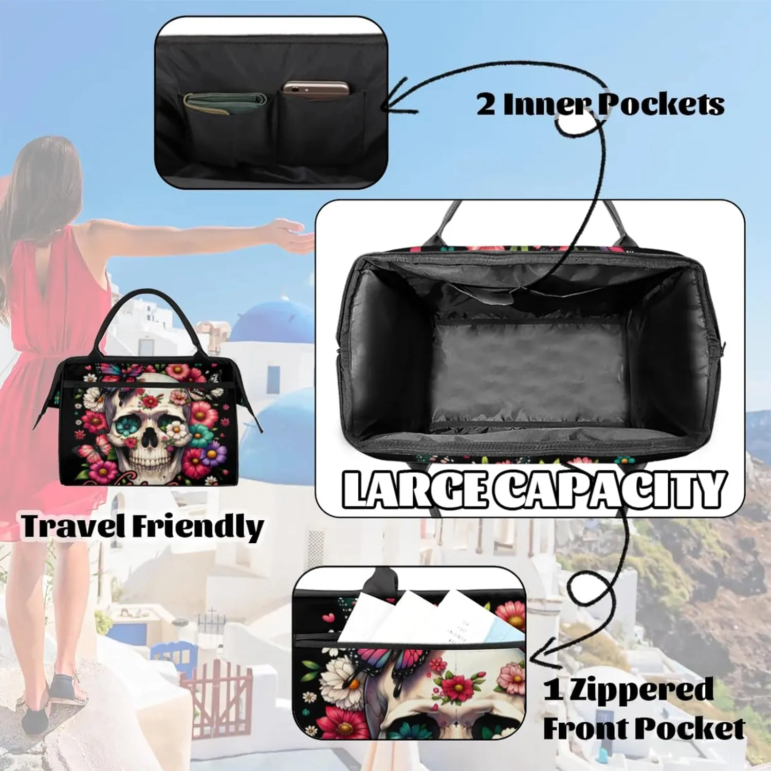 Overnight Weekender Bag for Women Men Halloween Gothic Skeleton Skull Waterproof Carry On Travel Duffel Bags with Zipper Lightweight Sports Gym Bag Luggage Workout Handle Bags for Traveling Camping