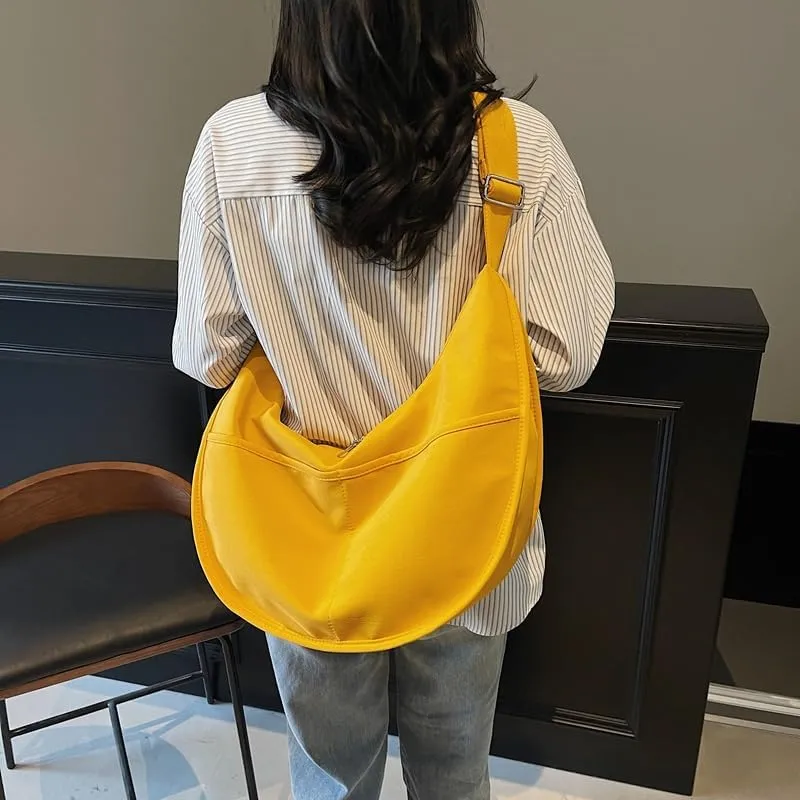 Oversized Canvas Tote Bag - Sporty Dumpling Style Shoulder Purse for Women Spacious Casual Commuter Bag with Crossbody Strap