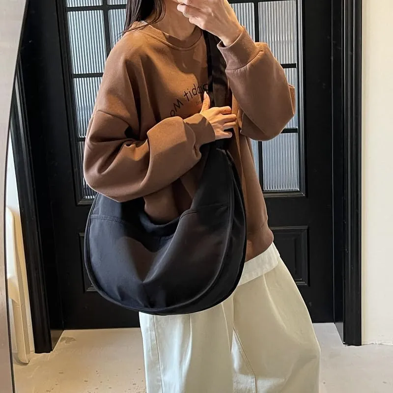 Oversized Canvas Tote Bag - Sporty Dumpling Style Shoulder Purse for Women Spacious Casual Commuter Bag with Crossbody Strap