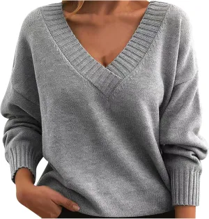 Oversized Long Sleeve v Neck Pullover Sweaters for Women Fall Fashion 2024 Dressy Casual Loose Soft Knit Sweater Tops