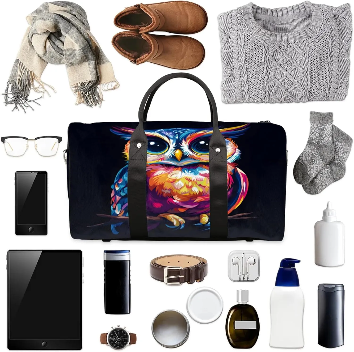 Owl Duffle Bag for Travel, Overnight Weekend Gym Carry On Luggage Bag, Bird Travel Duffel Bag for Men Women