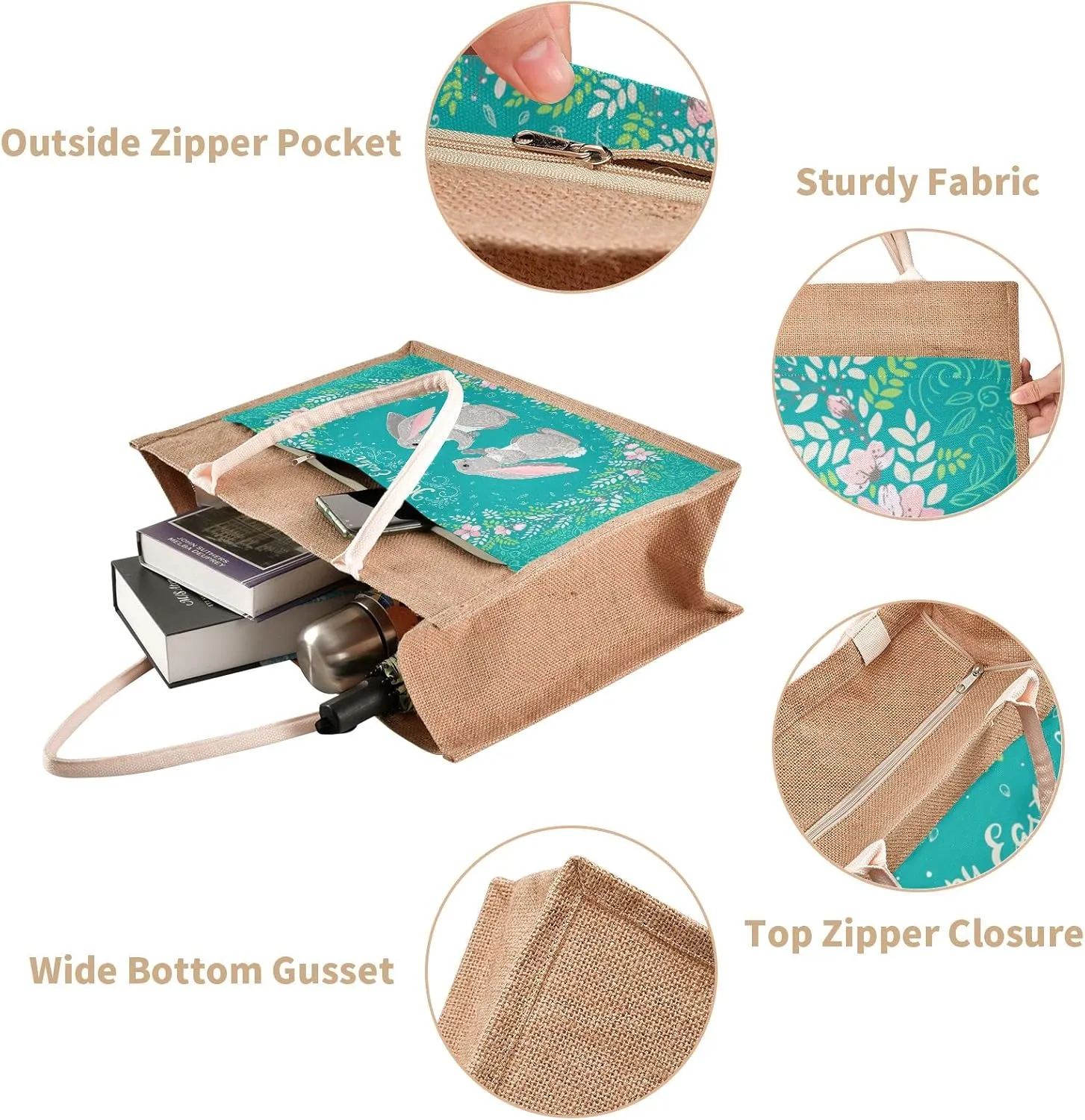 Oyihfvs Durable Burlap Bag with Handles, Zipper Jute Tote Reusable Bag Waterproof Lining for Shopping Work Travel beach