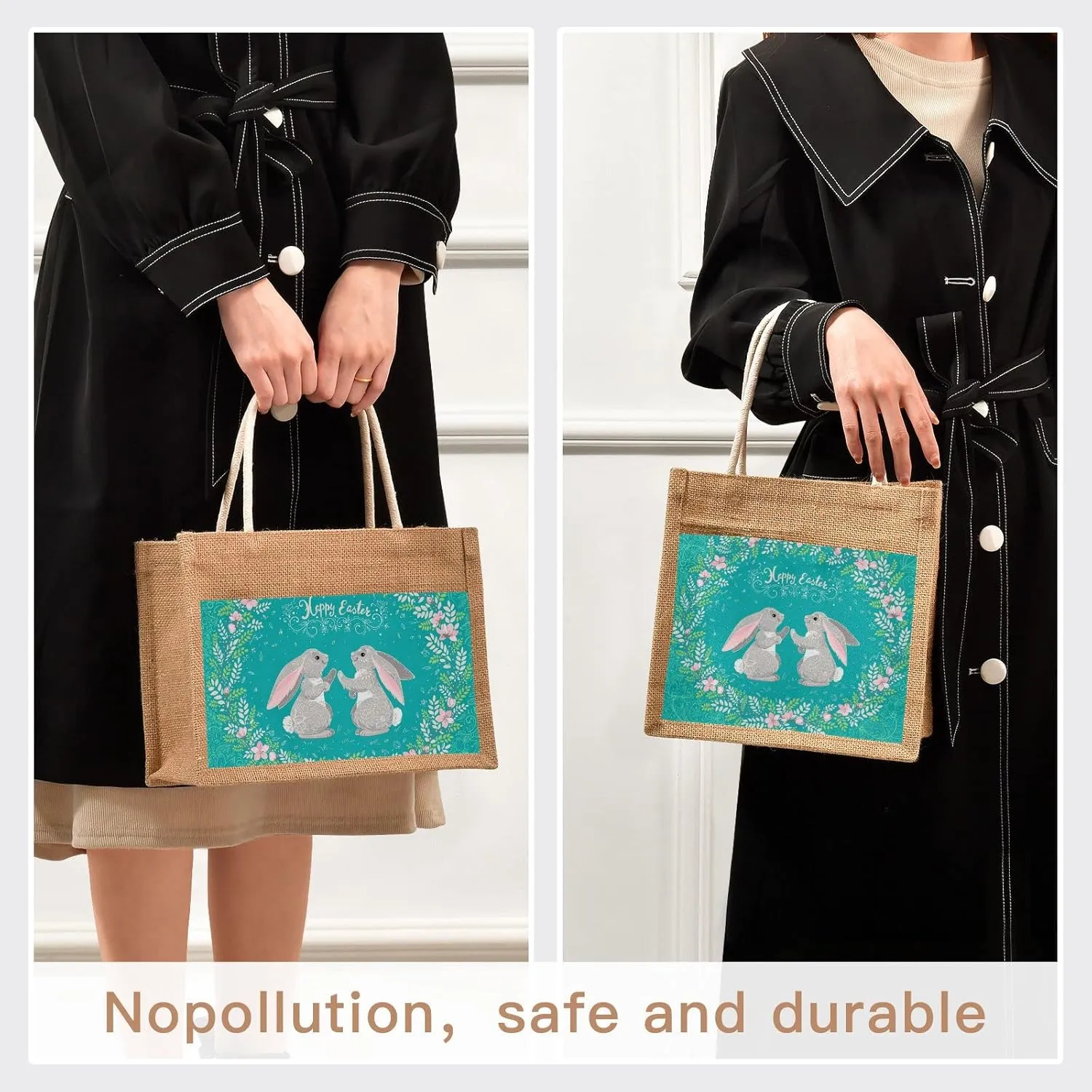 Oyihfvs Durable Burlap Bag with Handles, Zipper Jute Tote Reusable Bag Waterproof Lining for Shopping Work Travel beach
