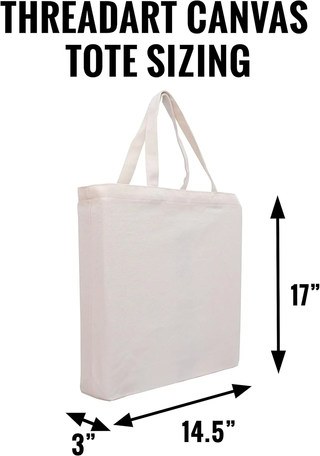 Pack of 3 Premium Canvas Tote Bags by Threadart | Reusable Heavy Duty 100% Cotton | Holds up to 40lbs | Eco Friendly | Large Size 14.5x17x3" - Black
