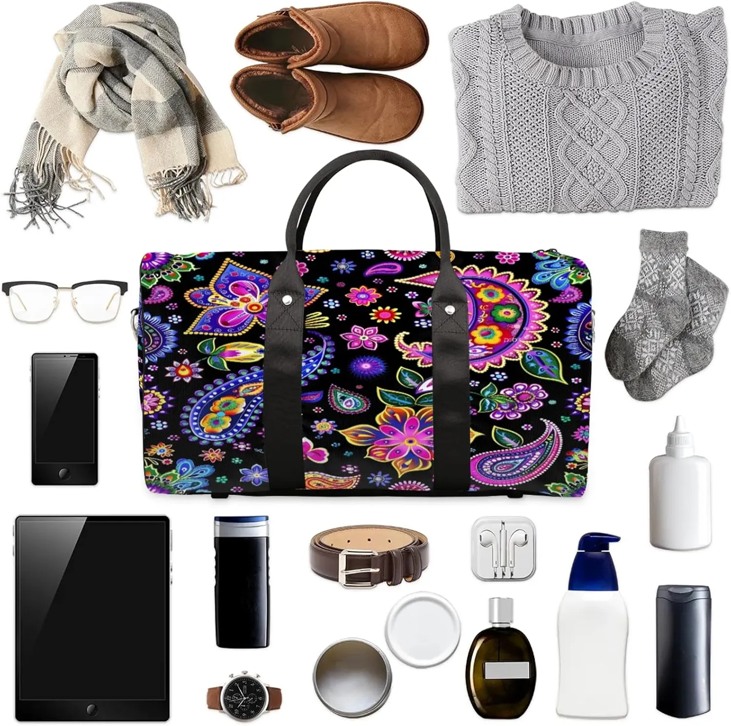 Paisley Floral Boho Travel Bag for Men Women, Gym Duffle Bags for Travel, Carry On Luggage Bag, Weekender Overnight Workout Bags