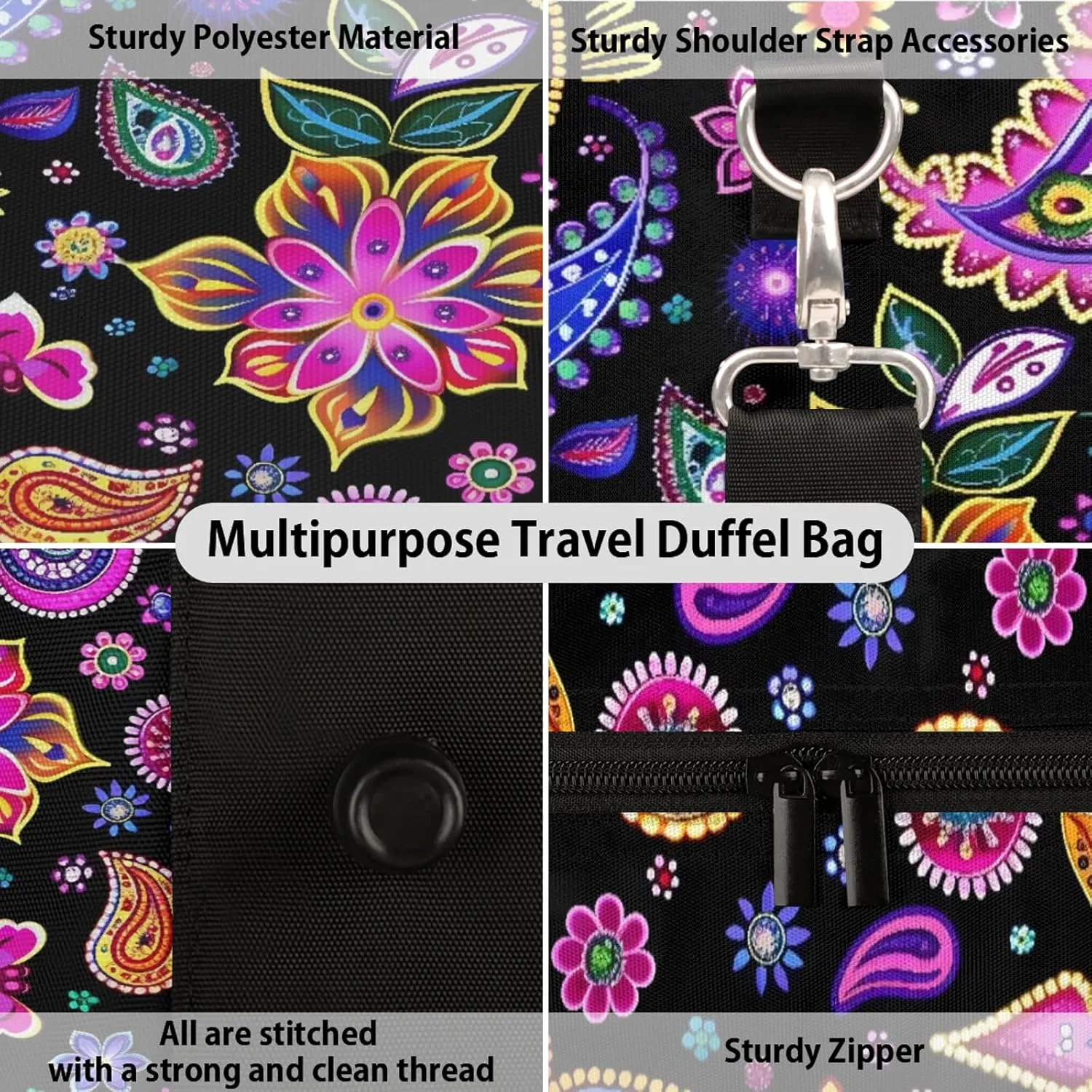 Paisley Floral Boho Travel Bag for Men Women, Gym Duffle Bags for Travel, Carry On Luggage Bag, Weekender Overnight Workout Bags