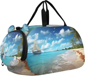 Palm Tree Beach Sea Kids Overnight Sports Duffel Bags with Shoe Compartment & Wet Pocket Travel Sport Gym Bag for Girls Boys