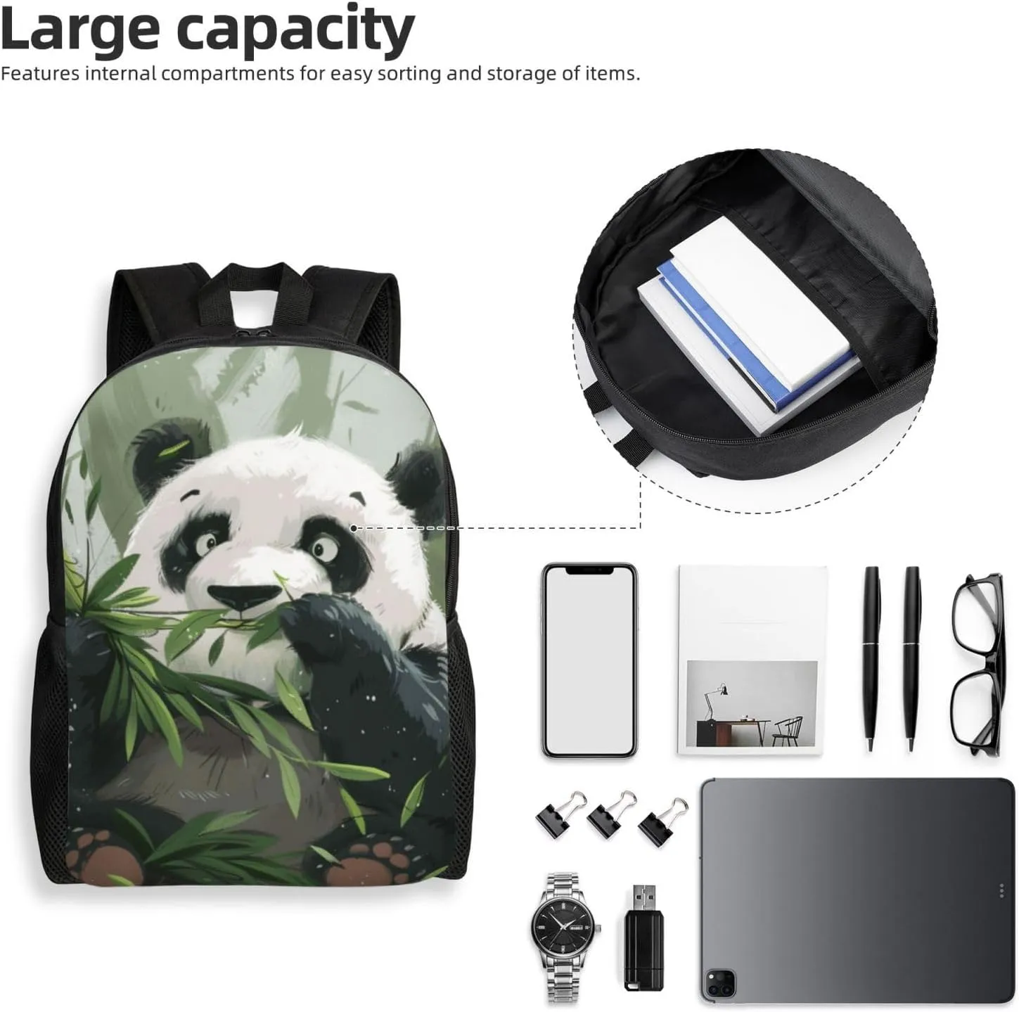 Panda Bamboo Backpack Waterproof Anti Theft Durable Light Laptop Bag Backpacks For Women Men Travel Gym Backpack