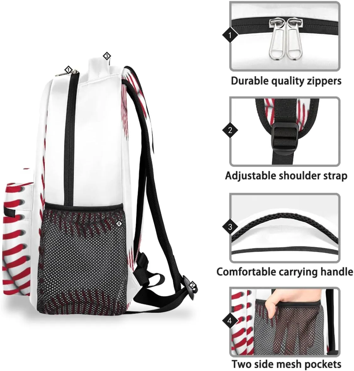 Pardick White Baseball School Backpacks for Girls Boys Teens Students Stylish College Shoulder Bag Schoolbag Book Bag - Water Resistant Travel Backpacks for Women Men
