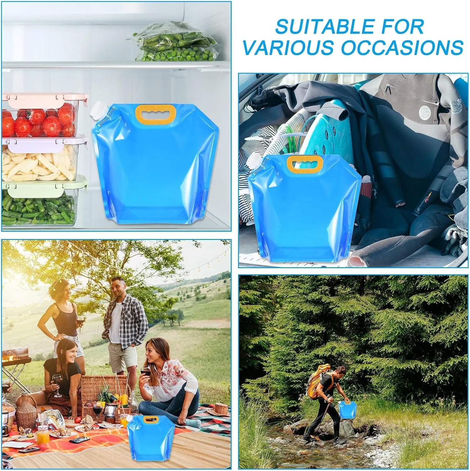 PATIKIL 2.6 Gallon Collapsible Water Container Bag, 4 Pack Plastic Storage Jug Folding Water Bag for Camping, Hiking, Emergency Water Storage, Blue
